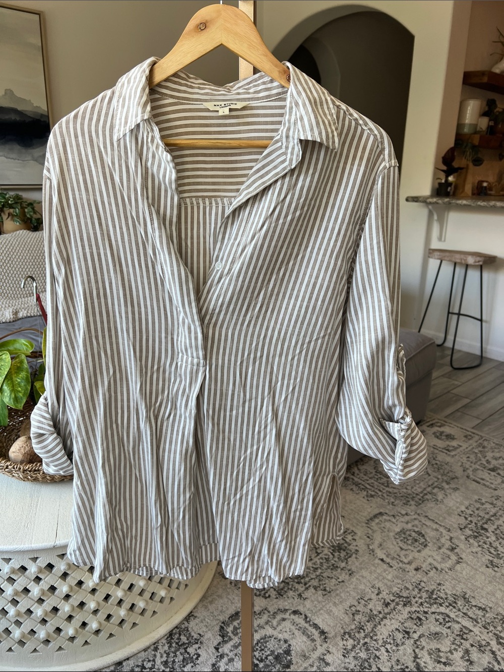 Max Studio Striped Button-Up Shirt - White & Taupe